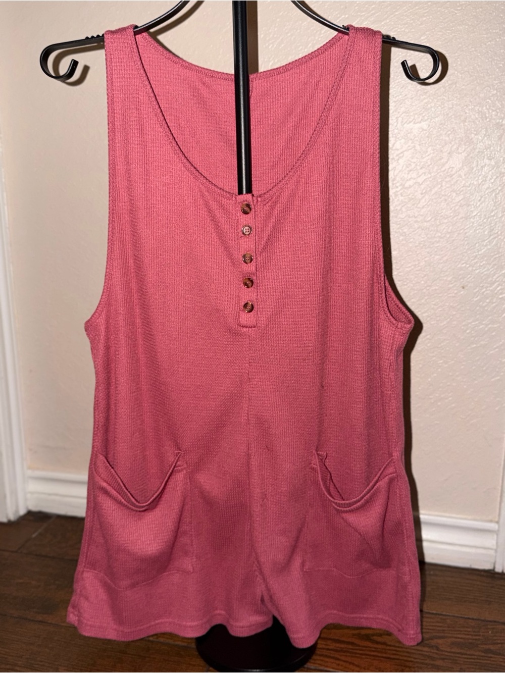 Amazon Pink Sleeveless Henley Romper with Front Pockets
